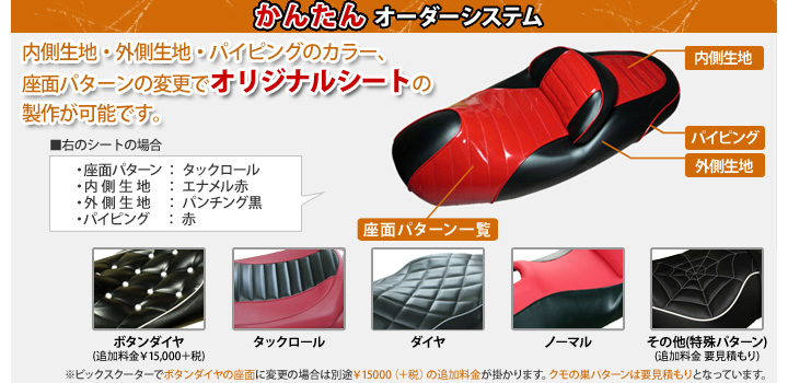 バイクシートの各部の名称　内側生地・外側生地・パイピングのカラー、座面パターンの変更が可能です。